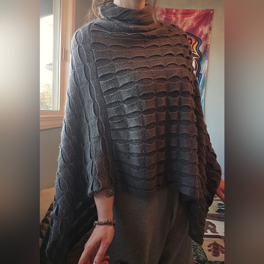 Grey Textured Knit Turtleneck Poncho
